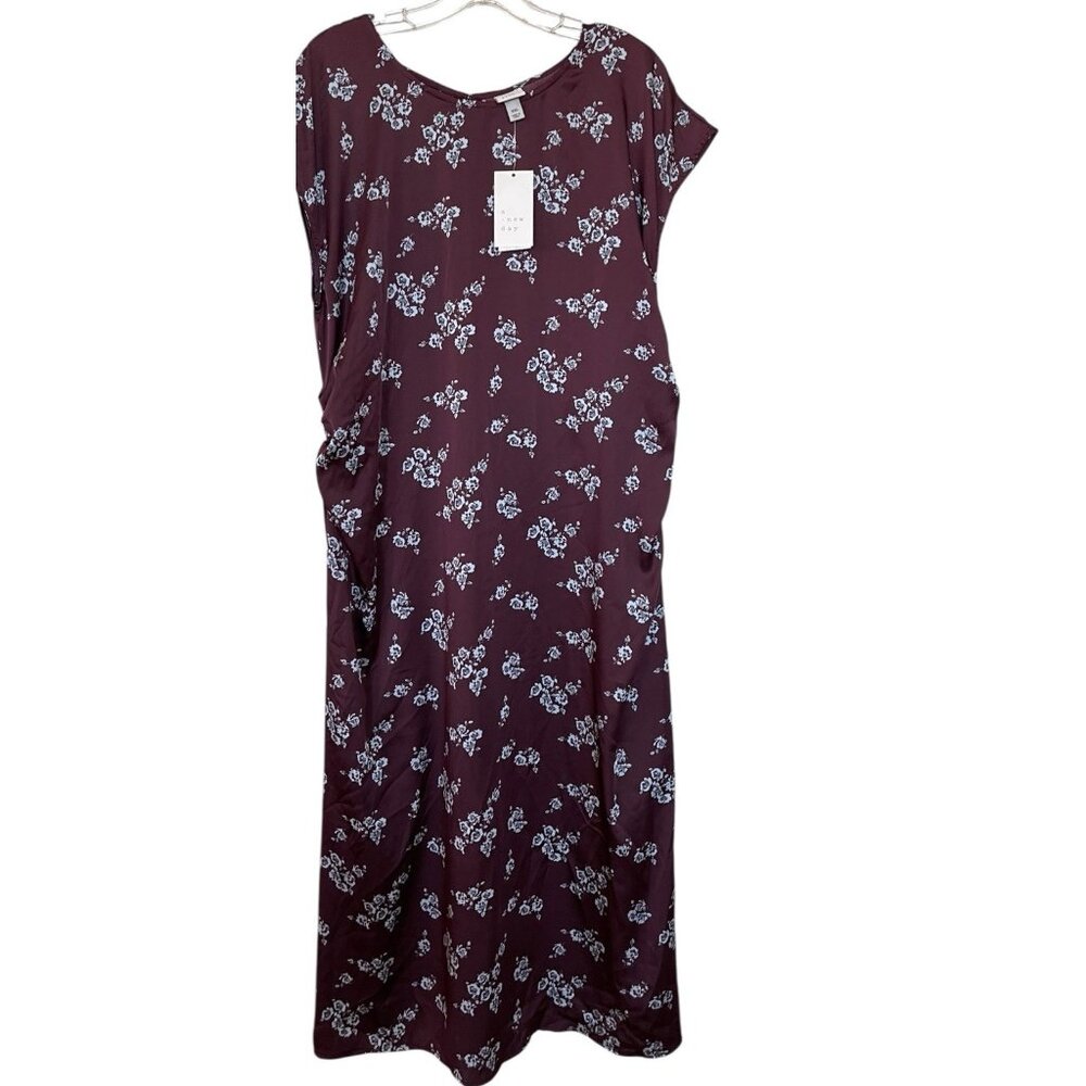 A New Day Nightgown Womens XXL Satin Floral‎ Long Short Sleeve Brown Blue